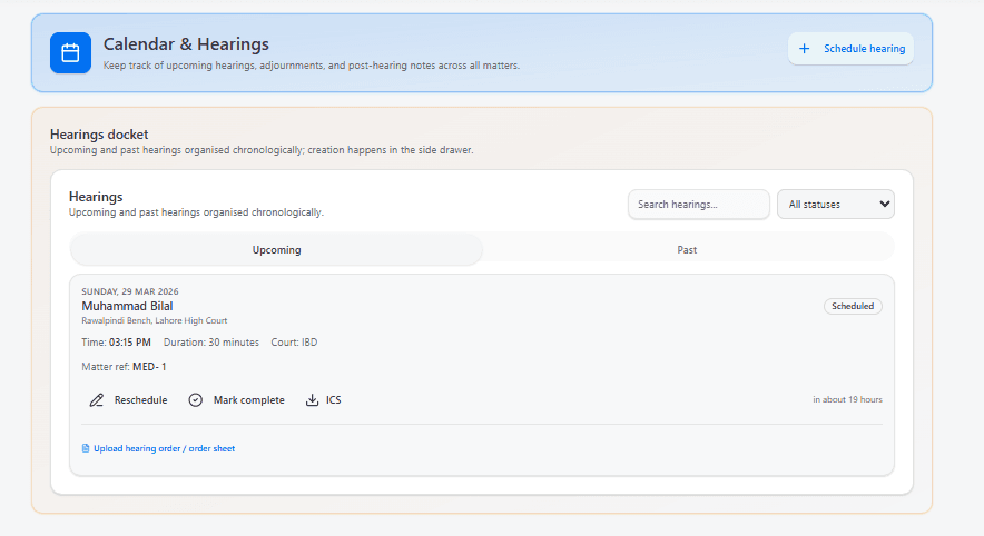 Hearing Calendar screenshot