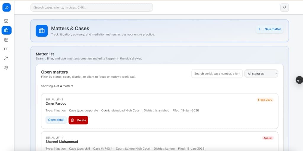 Lawyer Diary dashboard - case management, billing, calendar for Pakistani law firms